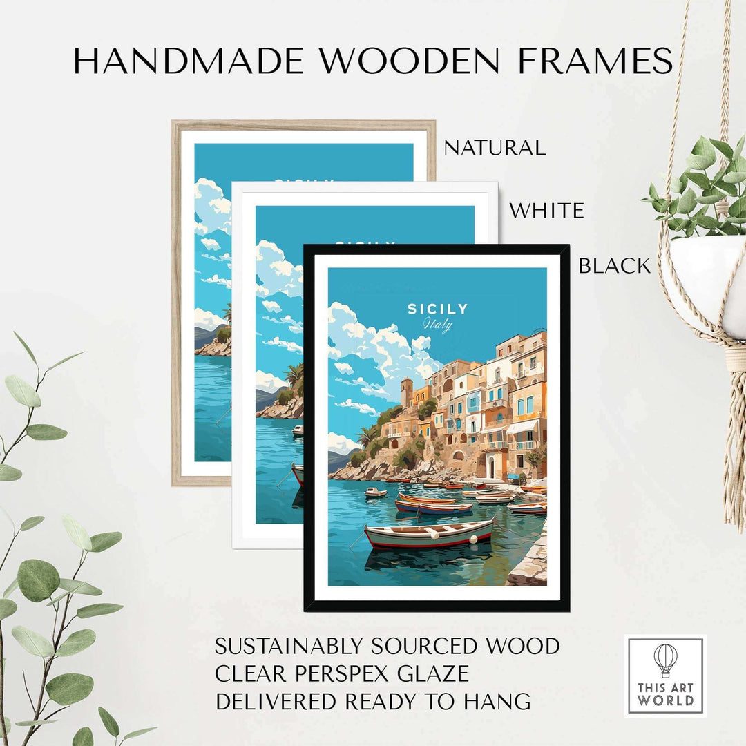 Three handmade wooden frames in natural, white, and black showcasing a Sicily Wall Art Print.
