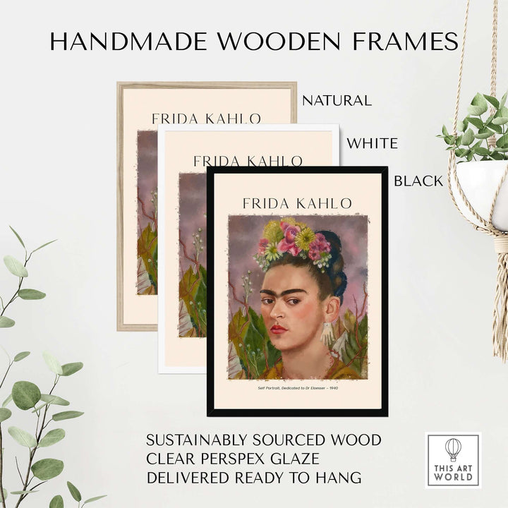 Frida Kahlo self portrait art prints in handmade wooden frames, available in natural, white, and black.