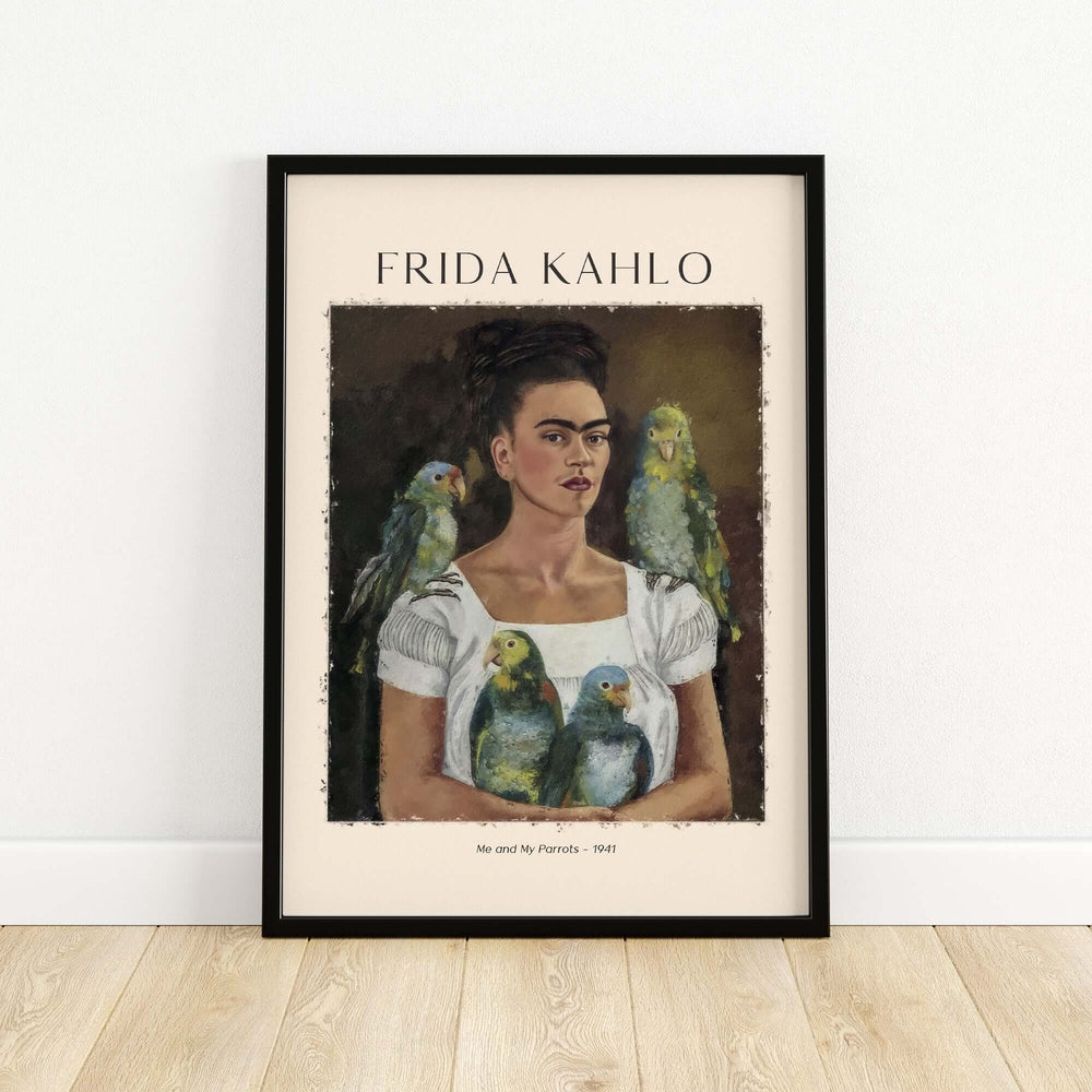 Frida Kahlo 'Me and My Parrots' self-portrait art print poster featuring the artist with four colorful parrots.