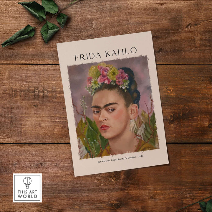 Frida Kahlo self portrait art print, dedicated to Dr Eloesser, with floral crown and vibrant foliage backdrop.
