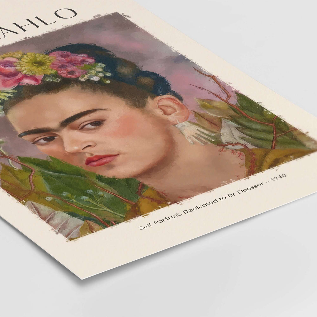 Frida Kahlo Self Portrait Dedicated to Dr Eloesser floral poster art print featuring vibrant colors and intricate details.