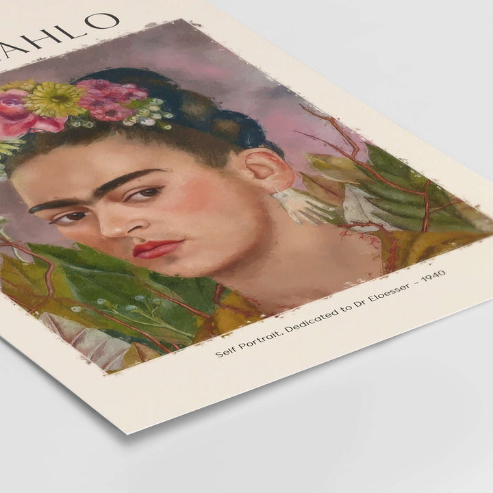 Frida Kahlo Self Portrait Dedicated to Dr Eloesser floral poster art print featuring vibrant colors and intricate details.