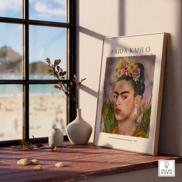 Frida Kahlo self portrait art print on a table, featuring a floral crown and vibrant colors, in a sunny room.