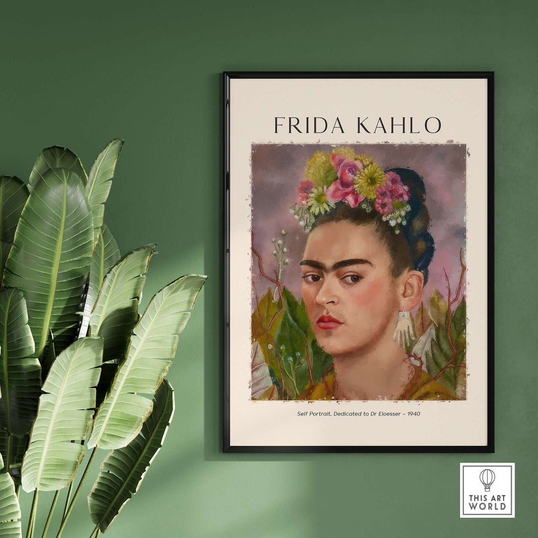 Frida Kahlo self portrait art print dedicated to Dr Eloesser, featuring vibrant floral crown and hand-shaped earrings.