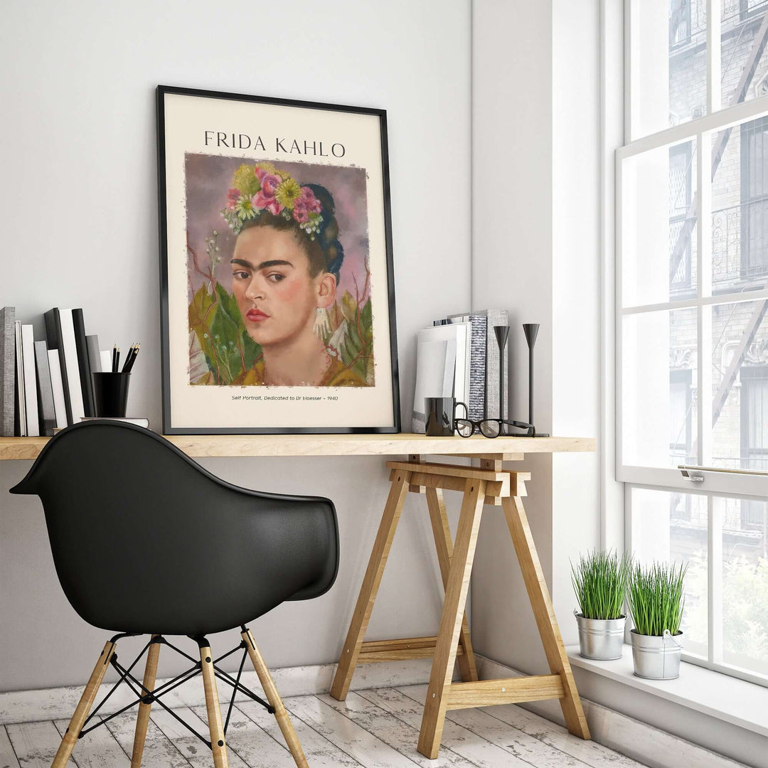 Frida Kahlo floral self-portrait art print displayed in a modern home office setting.