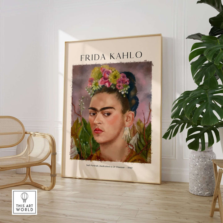 Frida Kahlo Self Portrait art print featuring floral crown and Picasso earrings in a modern interior setting.