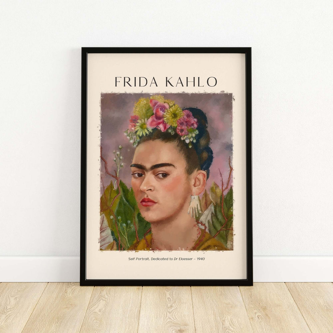 Frida Kahlo Self Portrait poster art print, dedicated to Dr Eloesser, featuring floral crown and vibrant colors.