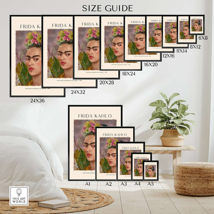 Frida Kahlo self-portrait size guide showcasing various print dimensions in a stylish interior setting.