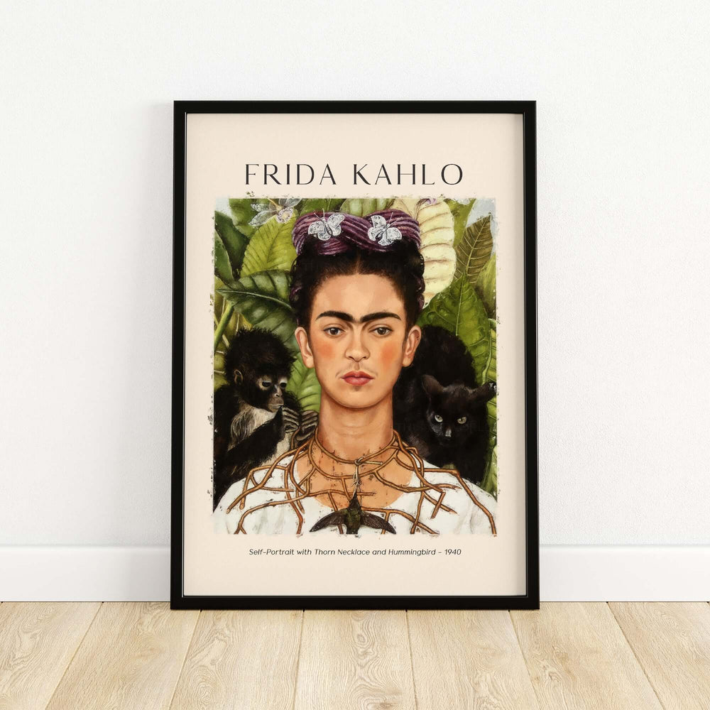 Frida Kahlo self-portrait art print featuring thorn necklace, hummingbird, and monkeys, 1940.