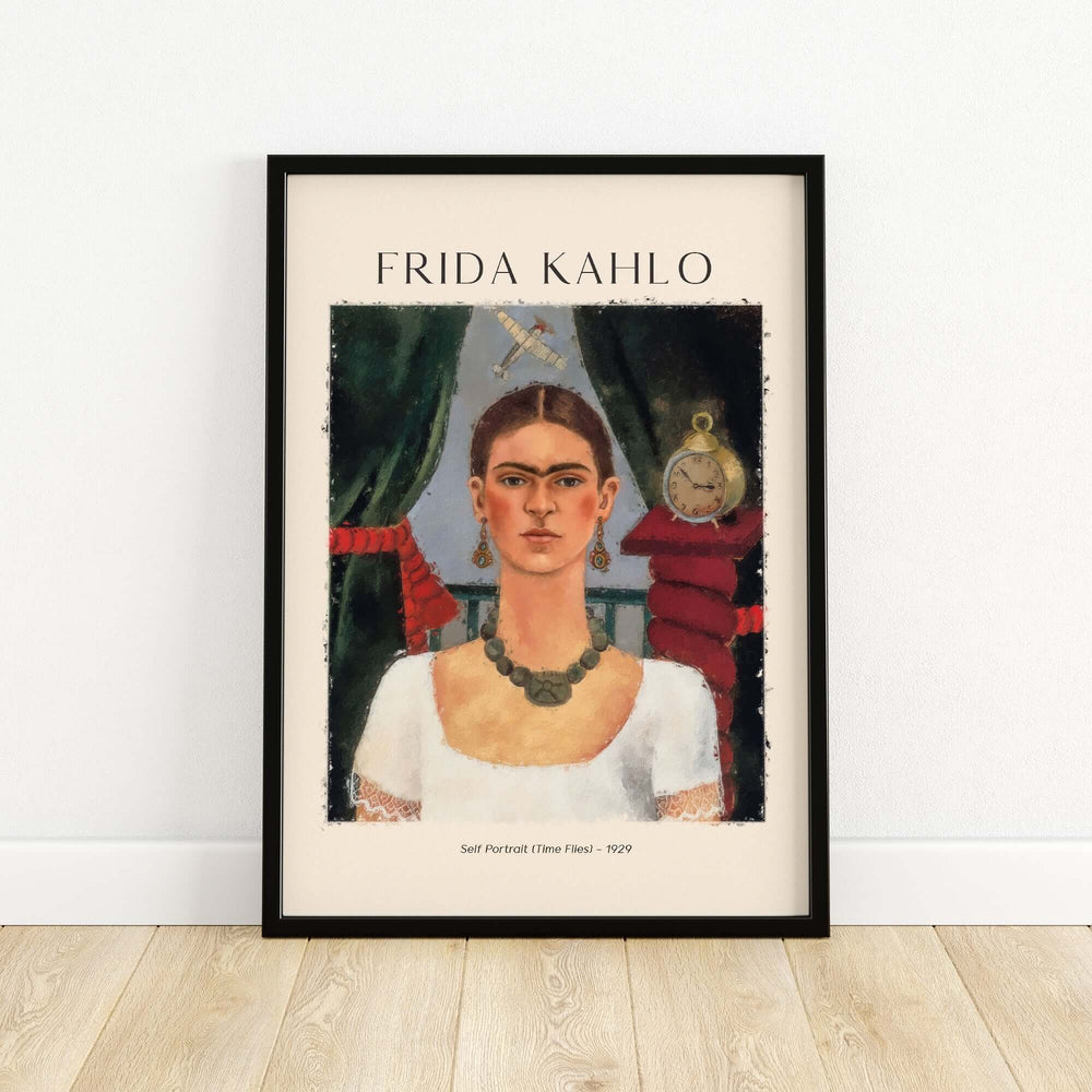 Frida Kahlo Self Portrait 'Time Flies' 1929 vintage art print showcasing symbolic elements and framed by curtains.