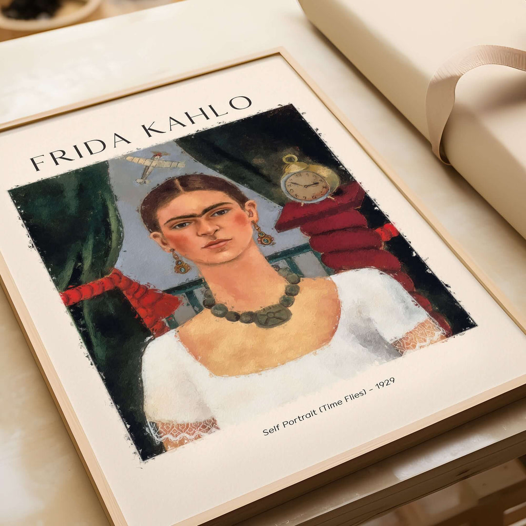 Frida Kahlo Self Portrait Time Flies 1929 vintage art print poster showcasing symbolic elements like a clock and airplane.