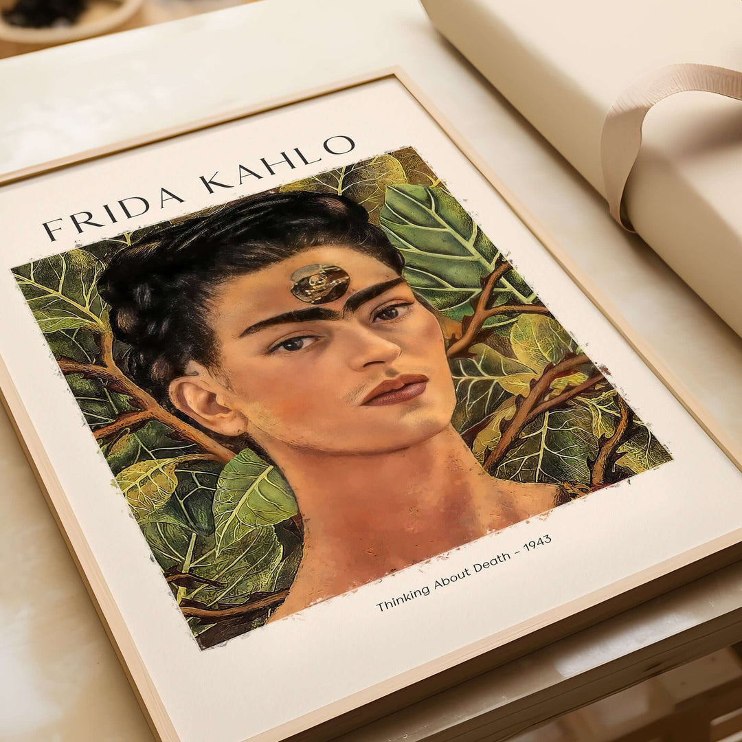 Frida Kahlo 'Thinking About Death' self-portrait art print featuring a skull, surrounded by lush green leaves.