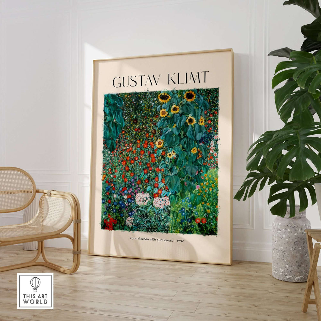 Gustav Klimt art print, Farm Garden with Sunflowers 1907, colorful wall decor in a modern room setting.