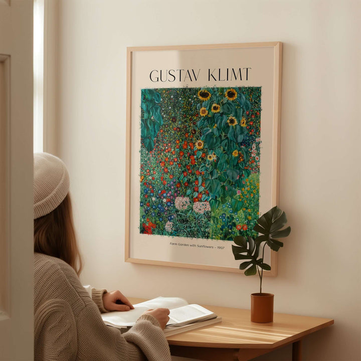 Gustav Klimt Farm Garden with Sunflowers art print displayed in modern decor, featuring bright colors and intricate floral details.