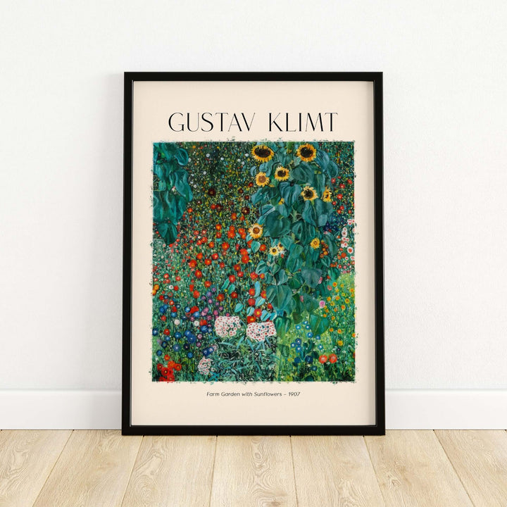 Gustav Klimt art print 'Farm Garden with Sunflowers' 1907, colorful Art Nouveau floral landscape poster.