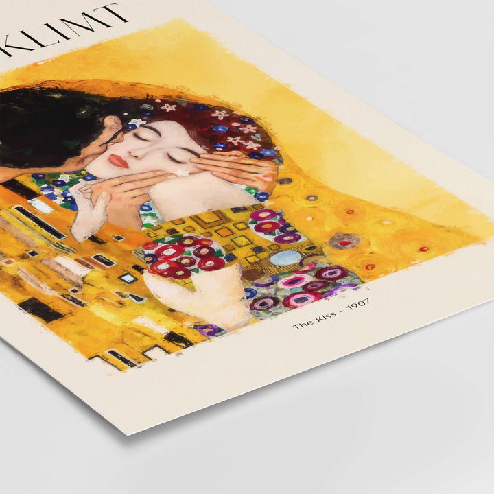 Gustav Klimt art print of 'The Kiss' (1907) featuring a couple in a golden embrace, symbolizing love and unity.