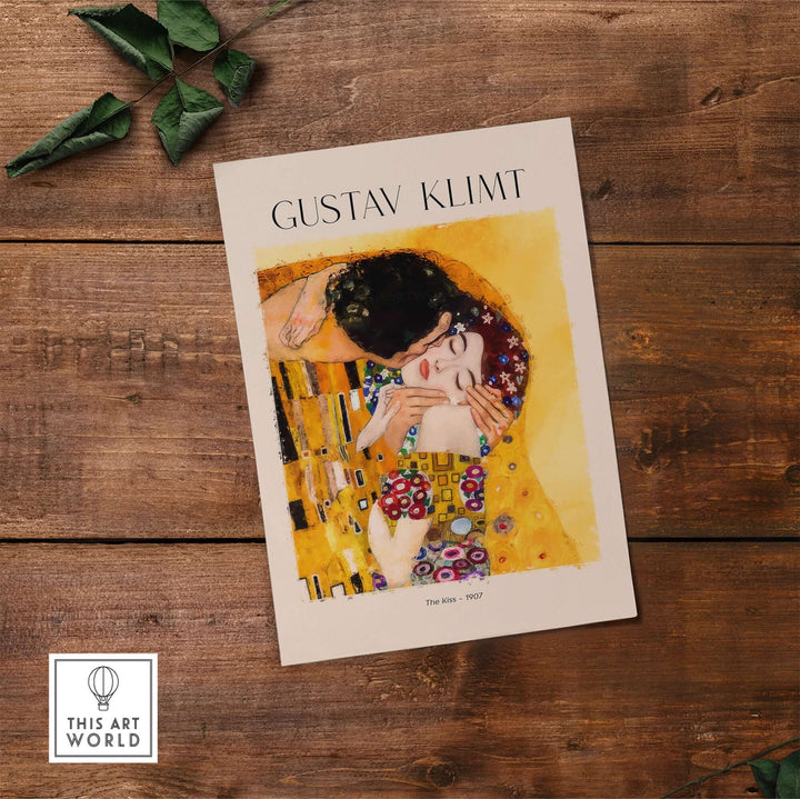 Gustav Klimt art print of The Kiss, 1907, featuring a couple embracing amid golden and colorful patterns.