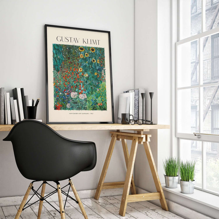 Gustav Klimt art print 'Farm Garden with Sunflowers' displayed in a modern workspace, vibrant decor.