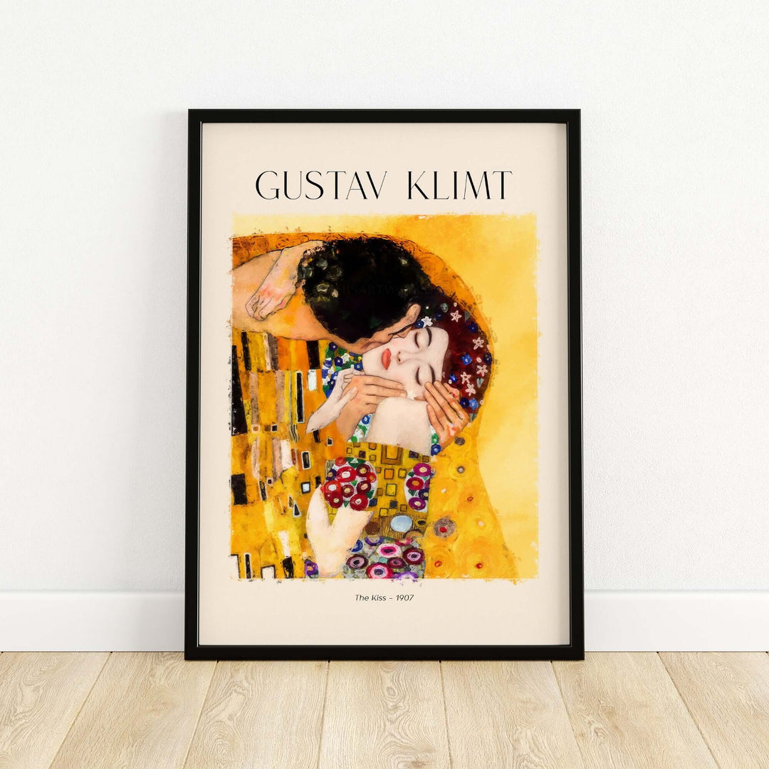 Gustav Klimt art print of The Kiss, 1907, featuring a couple in a golden embrace with floral patterns.