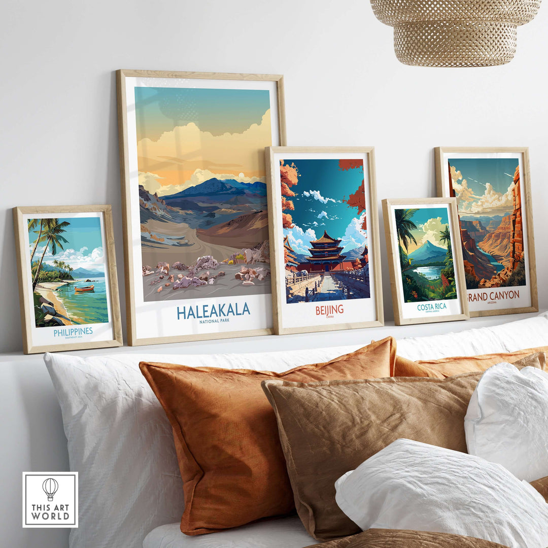 Framed prints of Haleakalā, Beijing, Costa Rica, Grand Canyon, and Philippines showcasing vibrant landscapes.