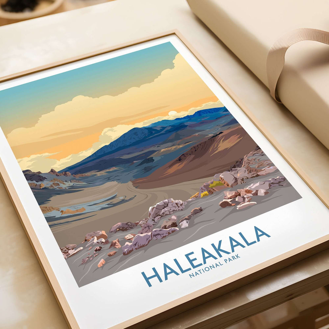 Haleakalā National Park print featuring a colorful sunset over volcanic landscape, ideal for wall decor.