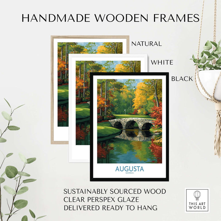 Handmade wooden frames in natural, white, and black for Augusta golf print, ready to hang with clear perspex glaze.