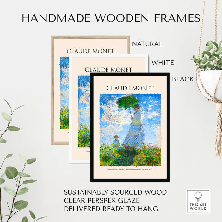 Handmade wooden frames in natural, white, and black for Claude Monet art print, sustainably sourced and ready to hang.