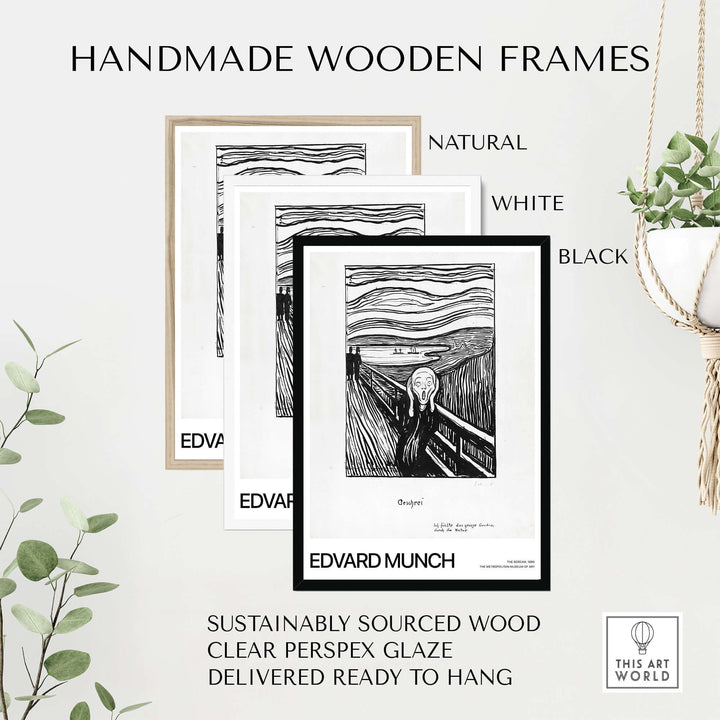 Handmade wooden frames for Edvard Munch's The Scream art print in natural, white, and black finishes.