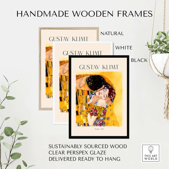Handmade wooden frames in natural, white, and black for Gustav Klimt art prints, crafted from sustainably sourced wood.