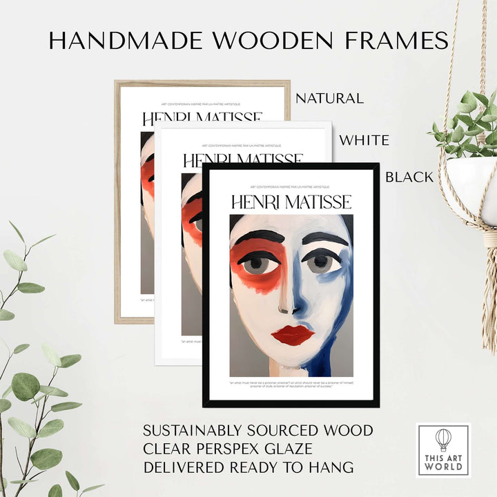 Handmade wooden frames in natural, white, and black for Matisse art prints, sustainably sourced and ready to hang.