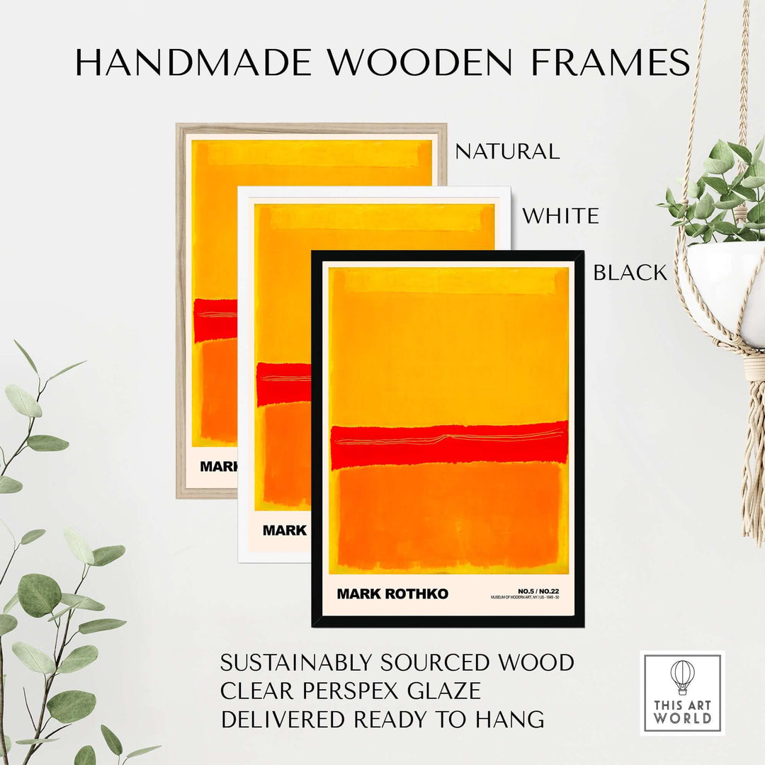 Handmade wooden frames in natural, white, and black for Mark Rothko prints, sustainably sourced and ready to hang.