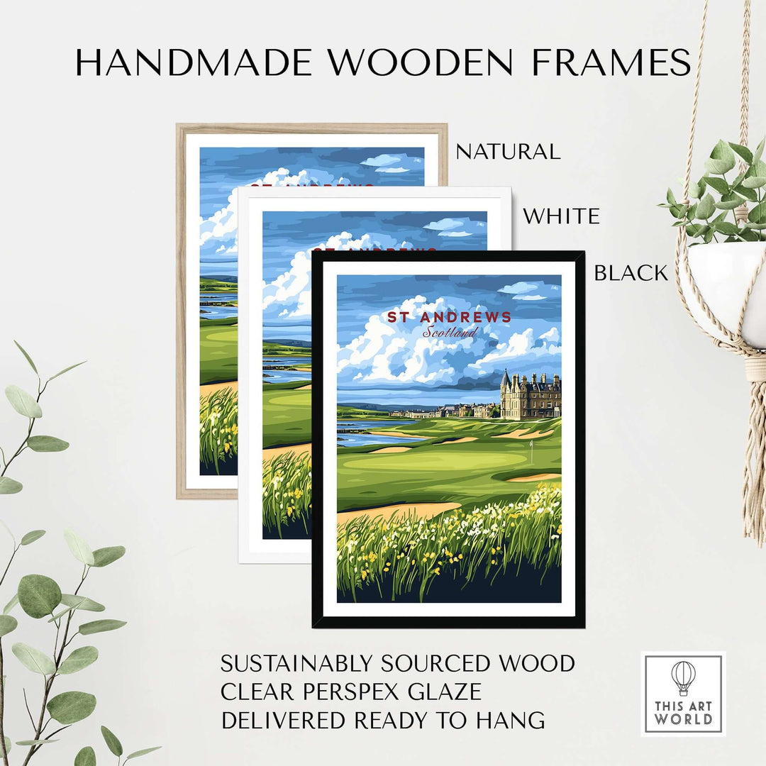 Handmade wooden frames in natural, white, and black finish for St Andrews art, sustainably sourced and ready to hang.