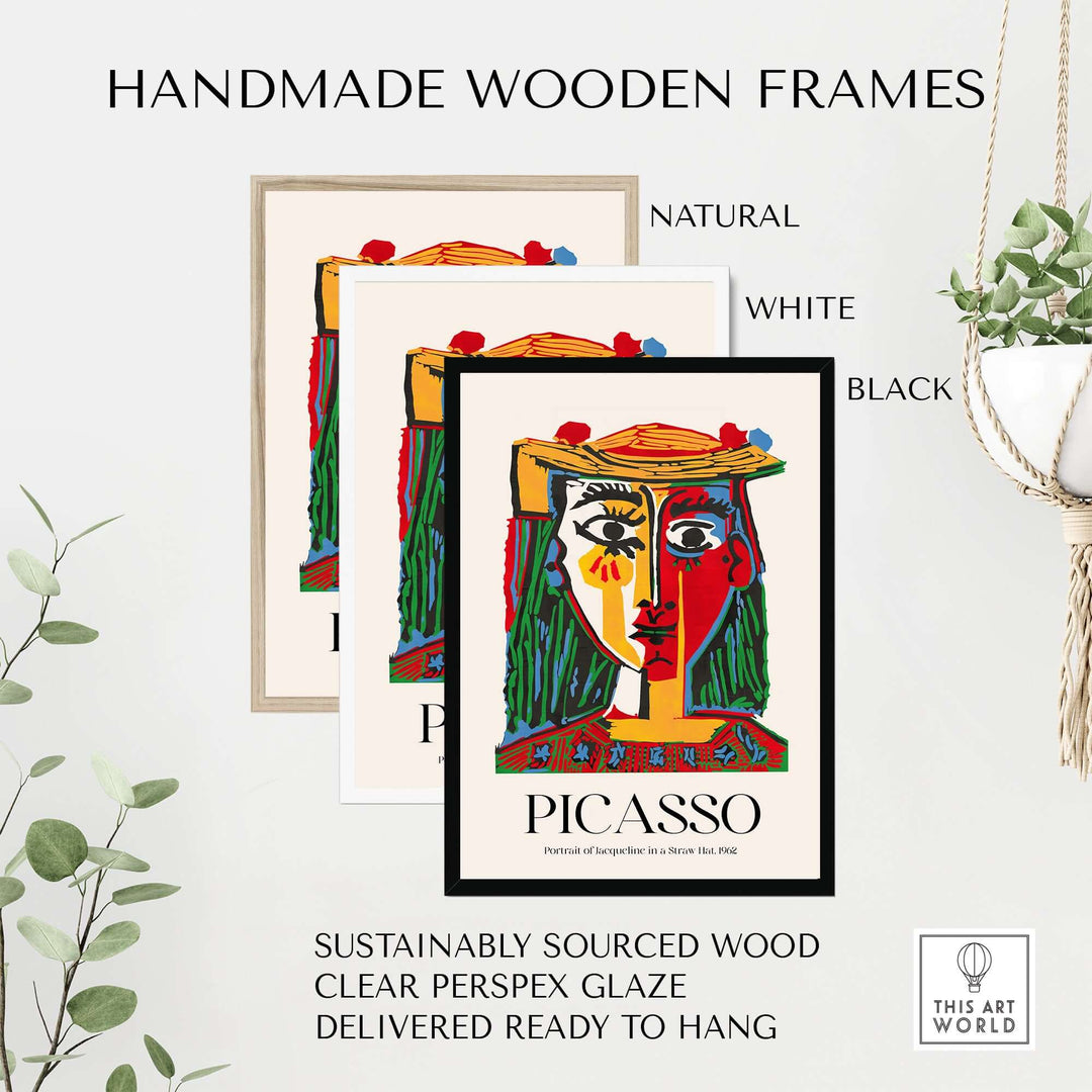 Handmade wooden frames in natural, white, and black for Picasso art prints, made from sustainably sourced wood.