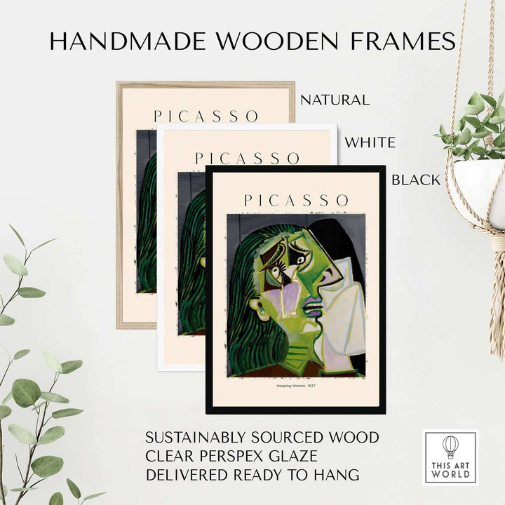 Handmade wooden frames for Picasso Weeping Woman art print in natural, white, and black finishes.