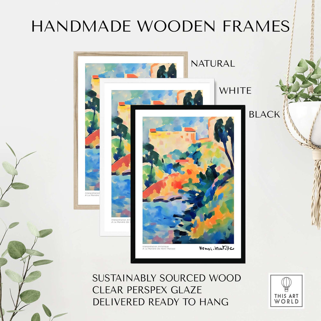 Handmade wooden frames in natural, white, and black, showcasing Matisse-inspired art prints with clear Perspex glaze.