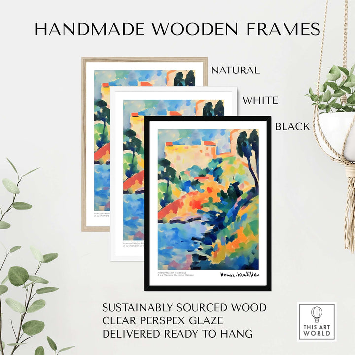 Handmade wooden frames in natural, white, and black, showcasing Matisse-inspired art prints with clear Perspex glaze.