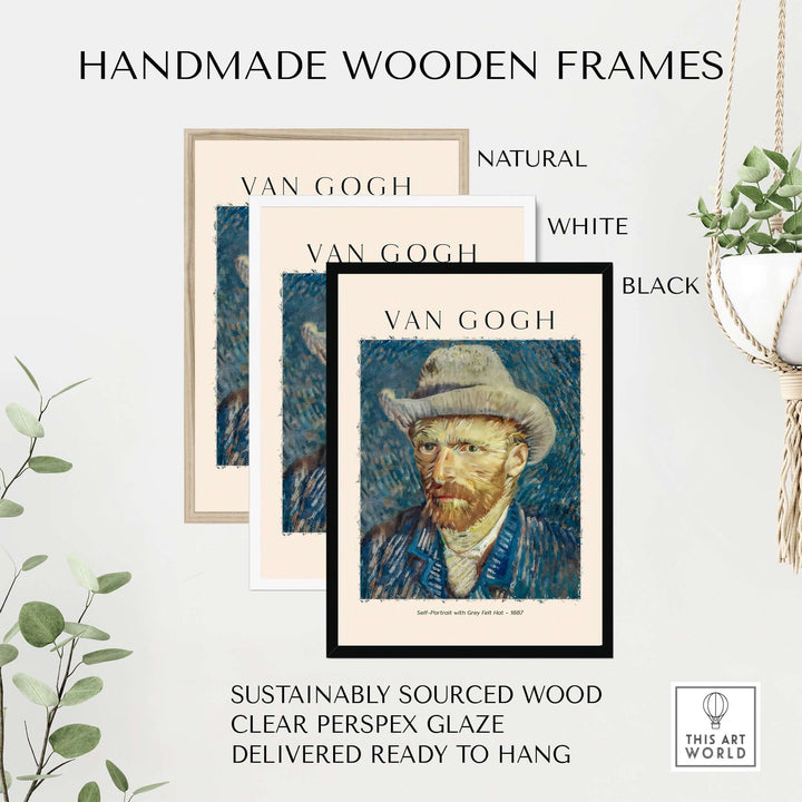 Handmade wooden frames in natural, white, and black, displaying Van Gogh art prints, sustainably sourced wood.