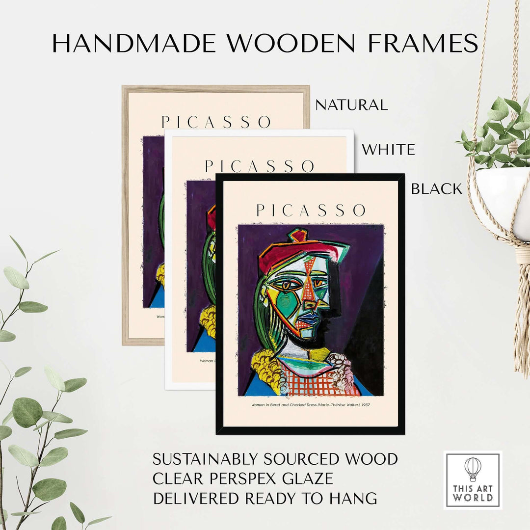 Handmade wooden frames for Picasso art prints in natural, white, and black finishes, ready to hang.