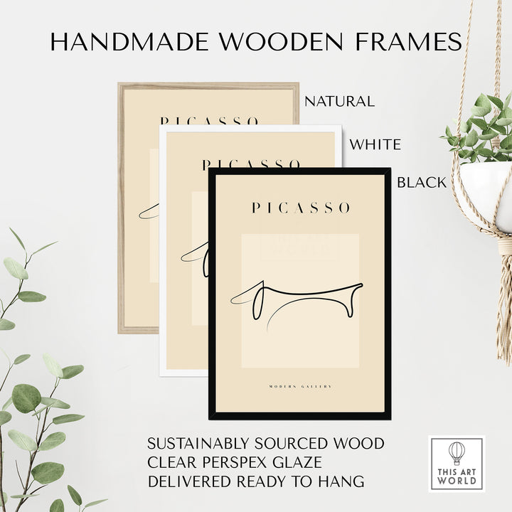 Handmade wooden frames in natural, white, and black finishes for Picasso style art prints, sustainably sourced and ready to hang.