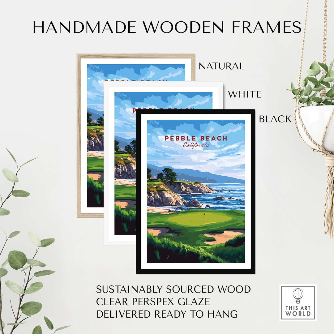 Handmade wooden frames in natural, white, and black for Pebble Beach golf print wall art.