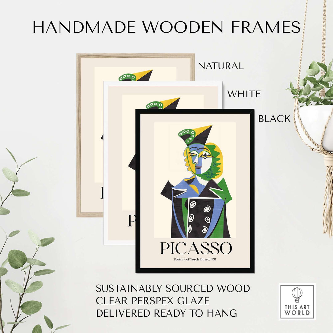 Handmade wooden frames in natural, white, and black for Picasso's Nusch Eluard portrait art print.