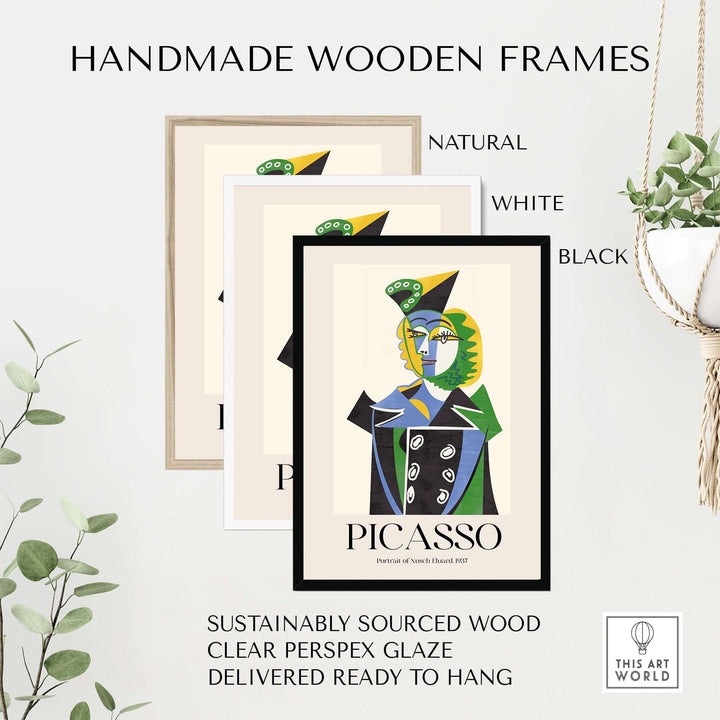 Handmade wooden frames in natural, white, and black for Picasso's Nusch Eluard portrait art print.