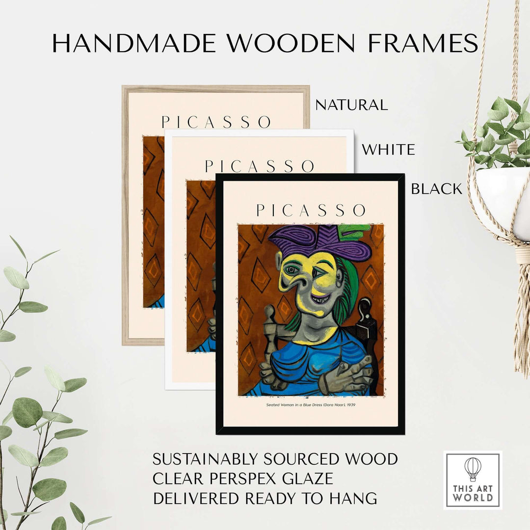Handmade wooden frames in natural, white, and black for Picasso art prints, featuring clear Perspex glaze.