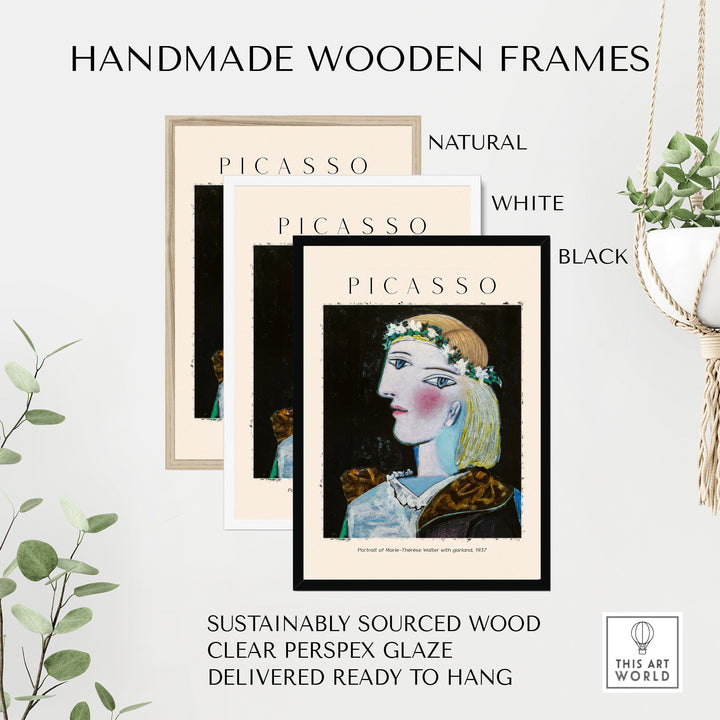Handmade wooden frames in natural, white, and black for Picasso portrait art print, featuring sustainable materials and ready to hang.