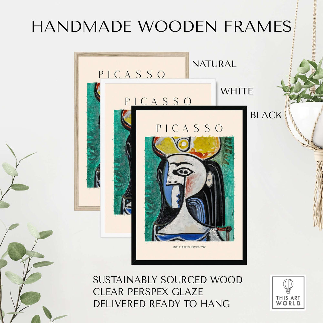 Handmade wooden frames for Picasso Bust of Seated Woman art print in natural, white, and black finishes.