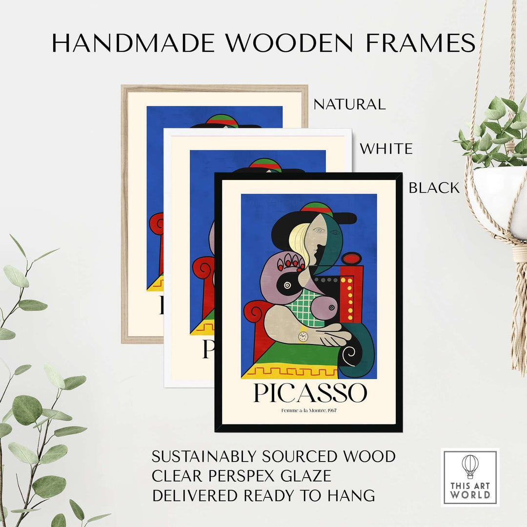 Handmade wooden frames in natural, white, and black for Picasso Femme à la Montre art print, featuring clear perspex glaze.