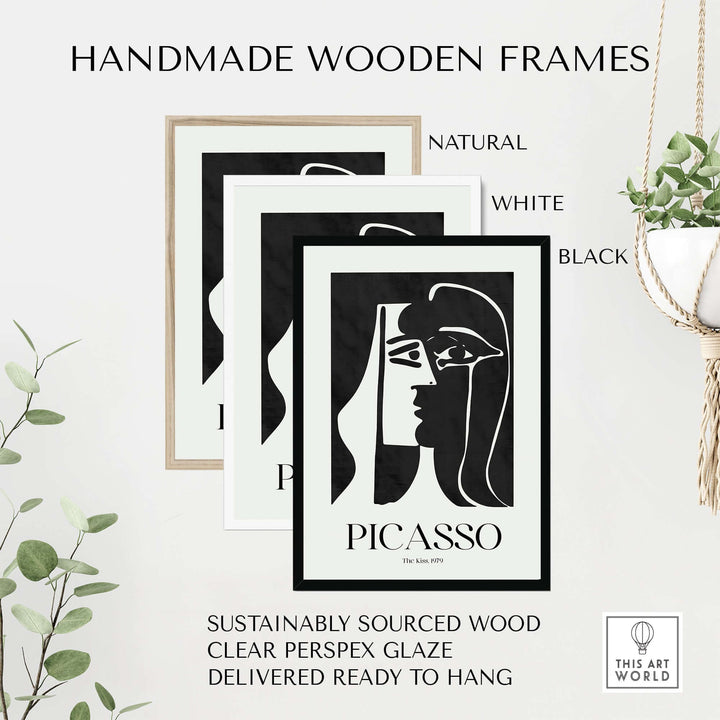 Handmade wooden frames in natural, white, and black for Picasso The Kiss 1979 poster art print decor.
