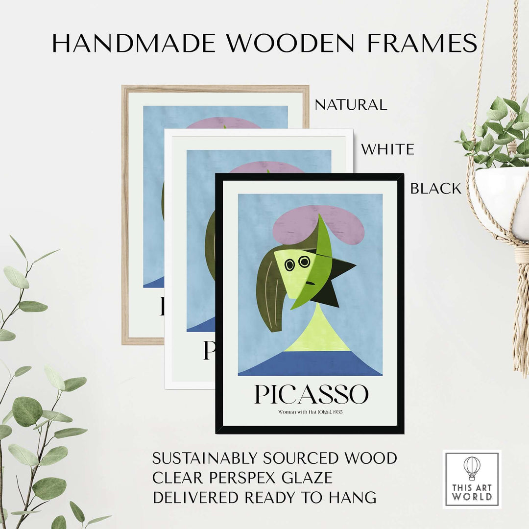 Handmade wooden frames for Picasso's 'Woman with Hat (Olga) 1935' art print in natural, white, and black options.