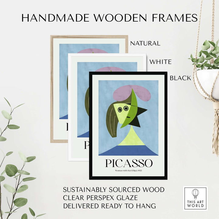 Handmade wooden frames for Picasso's 'Woman with Hat (Olga) 1935' art print in natural, white, and black options.
