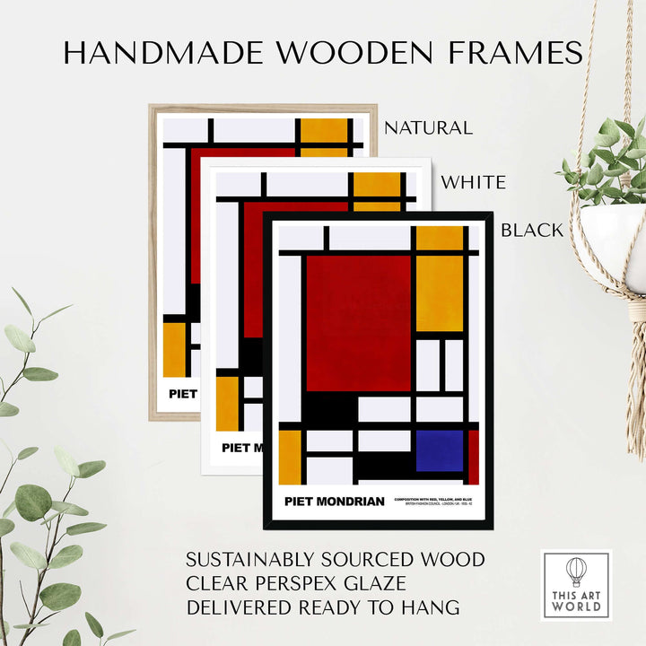 Handmade wooden frames in natural, white, and black for Piet Mondrian art prints, sustainably sourced and ready to hang.